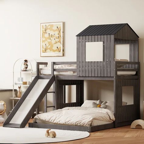 Wooden Twin over Full L-Shaped Bunk Beds Harper Orchard Tree House Bunk Bed, L Shaped Bunk Beds, Farmhouse Ladder, Bed Loft, Play Place, House Bunk Bed, Bedroom Addition, Bunk Bed With Slide, Bunk Bed Loft