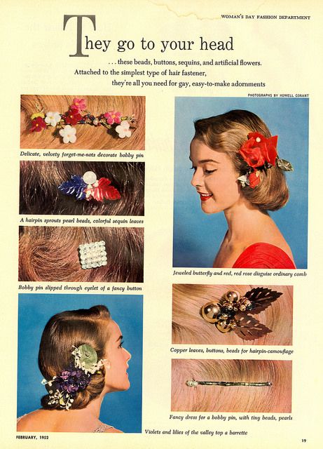 Lovely hair accessory ideas from 1952. #vintage #1950s #hair 1950s Hair Accessories, 1950s Hair, Easy Vintage Hairstyles, Retro Updo, Vintage Hairstyles Tutorial, 1950s Hairstyles, 50s Hairstyles, Accessory Ideas, Vintage Hair Accessories