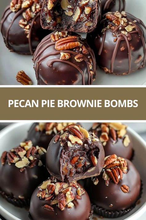 Pecan Pie Brownie Bombs Brownie Bon Bons, Chocolate Pecan Pie Cookies, Pecan Pie Brownie Bites, Pecan Pie Truffles Recipe, Food To Give As Gifts, Fancy Brownies Ideas, Unique Brownies, November Desserts, Bourbon Dessert Recipes