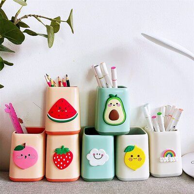 Good capacity. The pen holder size is 3.22*2.83*4.21 Inch.Features:Cute cartoon designed. Five choices of our pencil holder.More than pen organizer. It can also used to storage your makeup brushes.Product Type: Desk OrganizerMaterial: PlasticColor: Green/BeigePieces Included: Supplier Intended and Approved Use: Residential UseCountry of Origin - Additional Details: Made in USAStackable: NoAdjustable: NoMagnetic: NoDevice Capacity: Drawers: NoNumber of Drawers: Drawer Dimensions: Number of Compar Kawaii Drawer Organizer, Kawaii Pencil Holder, Cute Pen Holders For Desk, Pen Stand Decoration Ideas, Pen Holder Diy Clay, Pen Holder Craft Ideas, Pen And Pencil Holder Ideas, Cute Pen Holder Diy, Pencil Stand Ideas