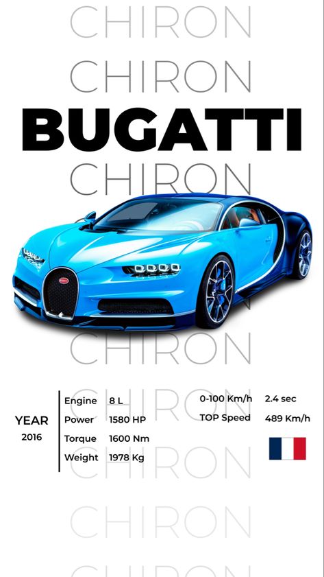 Bugatti Chiron Blue Car Card Design. Engine. Torque. Speed. Top speed. 0-100. Graphic Design. Chiron Bugatti, Bugatti Chiron Pur Sport, New Tesla Roadster, Chiron Pur Sport, Trunk Ideas, Quotes Car, Cool Truck Accessories, Car Facts, Car Trip