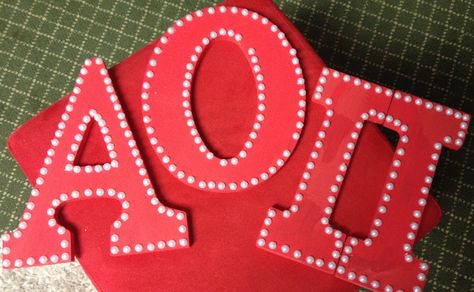 Alpha Omicron Pi pearl letters!! Sorority craft for the little!! #alphaomicronpi #paintedletters #AOII #biglittle Alpha Phi Letters Painted, Pearl Sorority Letters, Sorority Letters Painted Wooden Easy, Cute Sorority Letters, Painted Letters Sorority, Alpha Omicron Pi Canvas, Sorority Letters Painted Wooden, Aoii Paintings, Sorority Painted Letters