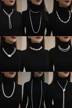 Pearls Style Outfit, Pearl Style Fashion, Long Necklace Styling, Styling Necklaces Outfit, Outfits With Pearls Necklace, Necklaces And Necklines, Outfits With Pearl Jewelry, Black Outfit With Pearls, How To Style Pearl Necklace Outfit