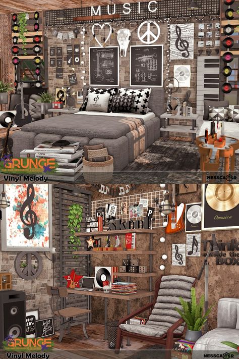 ROOM with CC ▶️✨ The room is full of decorations, trinkets and accents related to the Grunge musical style.✨Have fun!✅BASE GAME + CC from TSR ✌️Click on the post and download✔️ THX❤️ #ts4builds #sims4 #sims4builds #sims4home #sims4builds #sims4buildsideas #ShowUsYourBuilds #thesims4 Sims 4 Room Accessories, Sims Music Cc, Sims 4 Deco Sims Cc, Emo Furniture Sims 4 Cc, Grunge Furniture Sims 4 Cc, Gaming Sims 4 Cc, Sims 4 Gaming Room Cc, Sims 4 Alpha Cc Furniture Bedroom, Sims 4 Cc Furniture Bookshelf