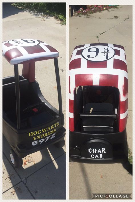 Harry Potter Hogwarts express Cozy Coupe makeover rehab Little Tikes Makeover, Cozy Coupe Makeover, Painted Bricks Crafts, Harry Potter Hogwarts Express, Upcycle Kids, Brick Crafts, Kids Play Equipment, Backyard Playset, Harry Potter Kids