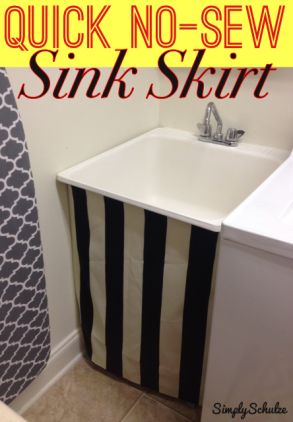 DIY No-Sew Sink Skirt! Super easy fix to update an ugly laundry or basement sink. Utility Sink Skirt, Basement Sink, Work Bathroom, Sink Skirt, Coat Closet Organization, Room Storage Diy, Bathroom Decor Themes, Basement Laundry Room, Basement Laundry