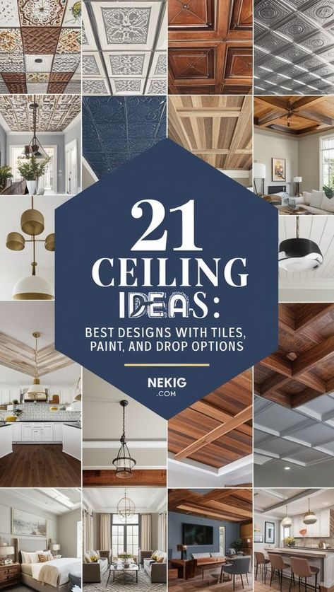 Get inspired by these 21 ceiling ideas featuring tiles, tin, paint, wood, and drop options. Elevate your space with creative ceiling designs that add character and style. From elegant tin finishes to warm wood details, explore ways to enhance your room's ambiance from the top down. 🏠✨ #CeilingInspiration #InteriorDesign #HomeDecor Acoustic Ceiling Tile Design, Faux Tin Ceiling Wallpaper, Wall And Ceiling Panelling, Inset Lighting Ceilings, White Metal Ceiling Ideas, Timeless Ceiling Design, Ceiling Light Medallion Ideas, Farmhouse Kitchen Ceiling Ideas, Ceiling Square Design