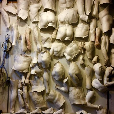 Brian Booth Craig, "My wall of plaster body parts in my studio." Body Plaster Art, Body Casting Art, Plaster Body Cast Art, Clay Bodies Sculpture, Full Body Cast, Open Mouth Clay Sculpture, Body Horror Sculpture, Human Body Art, Body Cast