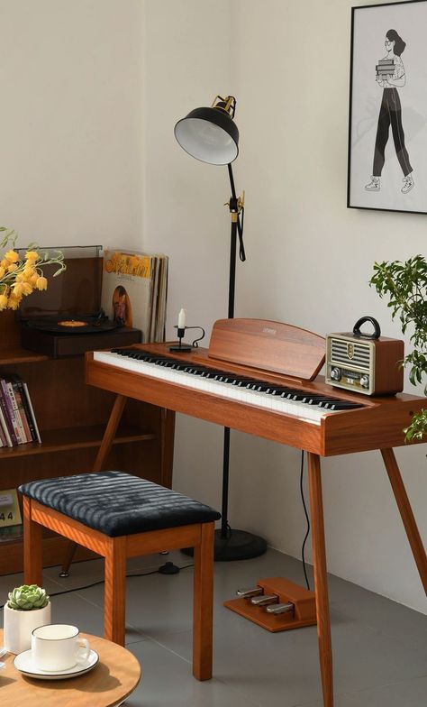 Donner DDP80 Piano Mid Century Modern, Keyboard Room Ideas, Donner Ddp-80, Piano Living Room Ideas, Keyboard In Room, Keyboard In Living Room, Room With Piano, Digital Piano In Living Room, Piano In Small Space