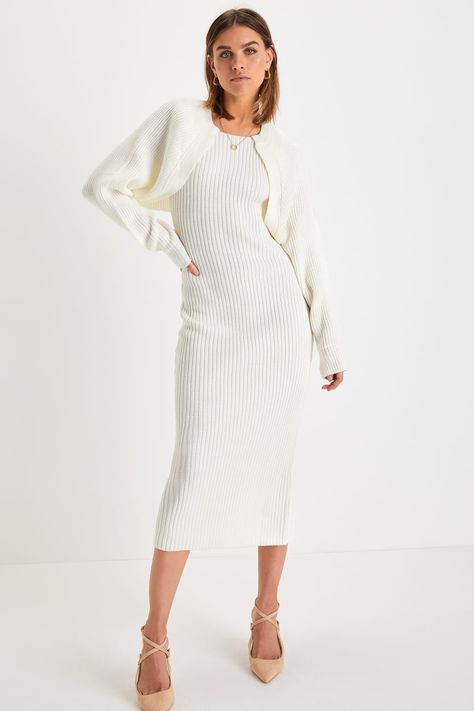 Ivory Sweater Dress - Knit Bodycon Dress - Midi Dress Sweater Set - Lulus Womens Cream Sweater Dress, White Dress With Cardigan, Cropped Cardigan Dress, Sweater With Dress, Aesthetic Season, Fancy White Dress, Dress With Shrug, Sweater Skirts, Ivory Sweater Dress