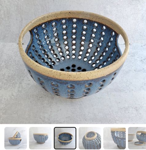 Ceramic Basket Ideas, Korean Ceramics Pottery, Ceramic Berry Bowl Handmade, Berry Bowls Pottery, Clay Colander, Pottery Strainer, Ceramic Strainer, Ceramic Colander, Ceramic Berry Bowl