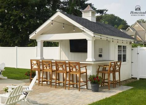 Shed With Outdoor Kitchen, Pool Bar Shed, Outdoor Bar Against House, Pool Shed With Bar And Storage, Pool Cabana Bar, Cabana Ideas Backyard Poolside, Pool House Bar Ideas, Pool Shed With Bar, Pool Bar Ideas Backyard