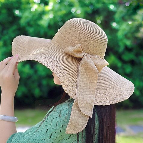 Women's Summer Folable Floppy Straw Hat Big Bowknot Wide Brim Beach Sun Hat - Brown - CQ183YD6NAY   #hats #caps #Sun Hats Topi Vintage, Floppy Straw Hat, Fashion Design Template, Women Hats Fashion, Fashion Cap, Love Hat, Sun Hats For Women, Stylish Hats, Cute Hats