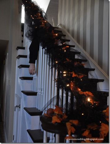 Wrap black tulle around light strands. I love this idea! Black Garland, Stairway Decorating, Annual Halloween Party, Halloween Things, Halloween Garland, Elegant Halloween, Birthday Halloween Party, White Lights, Admit It