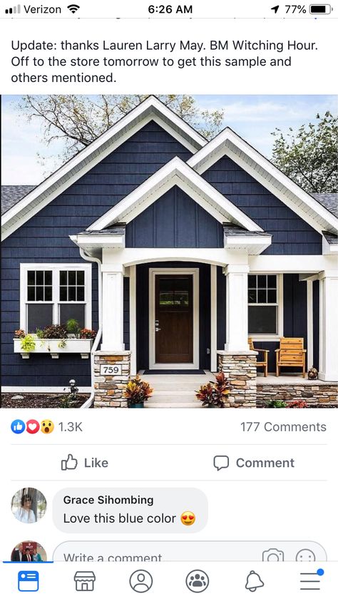 New England Exterior House Colors, Exterior Paint Colors For Bilevel House, Blue House Wrap Around Porch, Witching Hour Paint, Blue House Exterior White Trim, Navy Exterior House, Blue Grey House Exterior, Navy Exterior House Colors, Navy Blue House Exterior