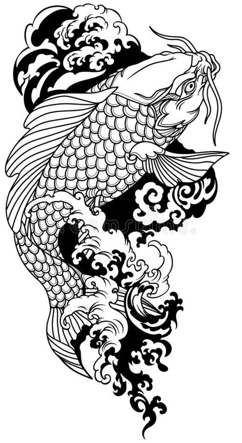 Koi Fish Drawing Tattoo, Pez Koi Tattoo, Dragon Koi Tattoo Design, Waves Black And White, Koi Dragon Tattoo, Karp Koi, Carp Tattoo, Japanese Koi Fish Tattoo, Koi Tattoo Design