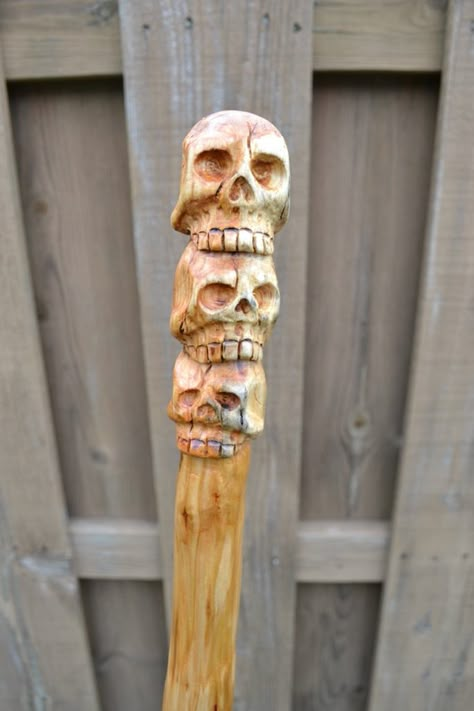 Skull Ball Knob Cane carving made out of diamond willow. Carved Skulls, Diamond Willow, Arte Viking, Handmade Walking Sticks, Wood Carving Faces, Hand Carved Walking Sticks, Simple Wood Carving, Dremel Carving, Wood Carving For Beginners