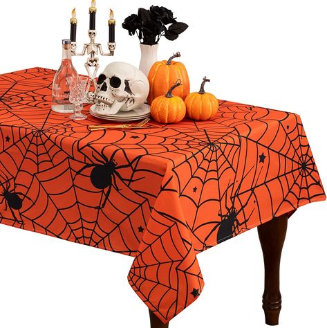 Place Setting Inspiration, Outdoor Table Covers, Orange Spider, Halloween Tablecloth, Halloween Party Decorations, Halloween Table Runners, Halloween Table Decorations, Vinyl Tablecloth, Table Cloths