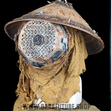 Another iconic mask from Aesthetic Apocalypse like it is right out of a post-apocalyptic movie. Nicely distressed rags and a metal front party and original asian hut Every mask is unique! * dusty desert patina * adjustable inlay so it fits any head size.  * original chinese hat with metal front part * Lightweight and comfortable for breathing.  * good sight for walking. DO NOT USE AS SAFETY HELMET Look also at my other post-apocalyptic stuff for completing your badass costume: https://www.etsy.com/shop/DarkFutureShop?section_id=29005275 Need a tiny but important detail for your costume? Choose from my gloves: https://www.etsy.com/shop/DarkFutureShop?section_id=34333031 Desert Mask, Aesthetic Apocalypse, Apocalyptic Mask, Apocalypse Ideas, Avant Apocalypse, Apocalyptic Costume, Apocalyptic Wasteland, Post Apocalyptic Movies, Chinese Hat