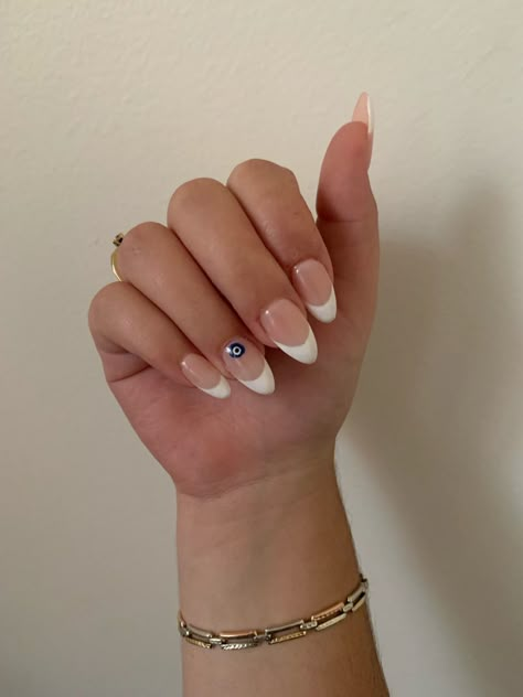 Amond shaped evil eye french tip nails <3 Small Evil Eye Nails, French And Evil Eye Nails, Nail Inspo Almond Evil Eye, Summer Nails Blue Evil Eye, Evil Eye Nails With French Tip, White French Tip Nails With Evil Eye, French Tip With Evil Eye Nails, French Nails With Evil Eye Design, Almond Nails French Tip Evil Eye