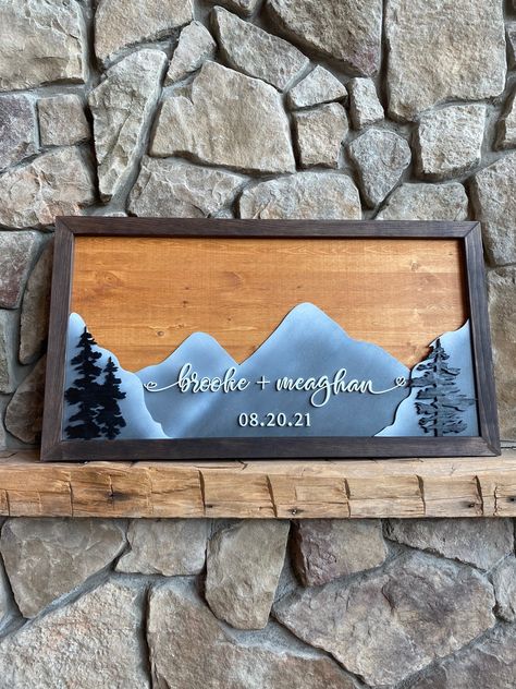 Congrats Brooke & Meaghan! Our custom Mountain Signature Board where guests sign above the mountains is quite the keepsake. . . #guestbookideas #mountainguestbook #guestsignatureshere #guestbookalternative #guestbookideas #woodguestbooks #woodguestbookideas #outdoorguestbookideas #mrsandmrslove #customwedding #signme Mountain Guest Book, Mountain Wedding Guest Book, Mountain Wedding Sign, Guest Signing Board, Signature Board, Vowel Renewal, Derby Wedding, Wood Guest Book, Acrylic Signs