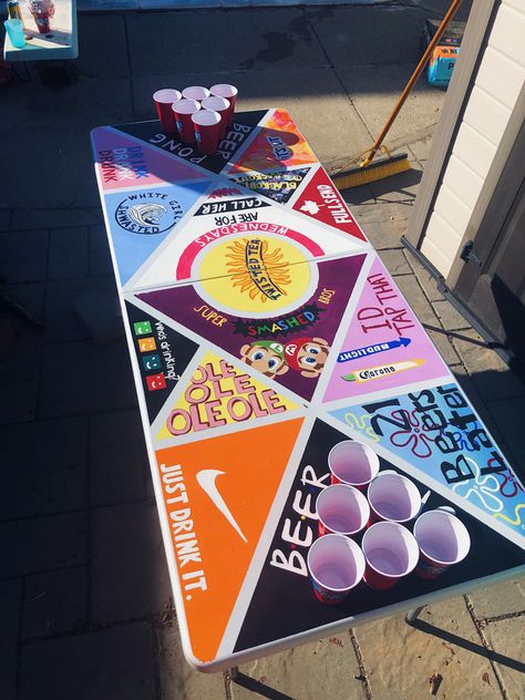 Diy Painted Beer Pong Table, Homemade Pong Table, Id Tap That Beer Pong Table, Customized Beer Pong Table, Frat Table Painted, Drinking Table Games, Pong Table Designs College, Custom Beer Pong Tables Diy, Cool Beer Pong Tables