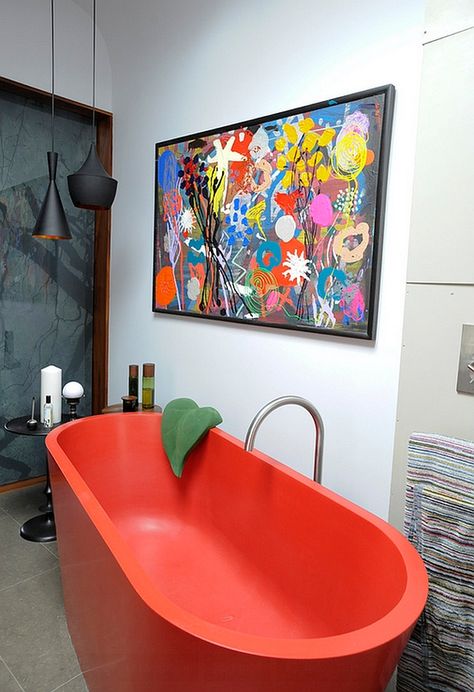 Beyond White: Colorful Bathtub Ideas For A Trendy Bathroom Eclectic Bathroom Decor, Color Bathtub, Eclectic Bathroom Design, Bathroom Decor Pictures, Blue Bathroom Accessories, Eclectic Bathroom, Bathroom Red, Yellow Bathrooms, Bathroom Ideas Modern