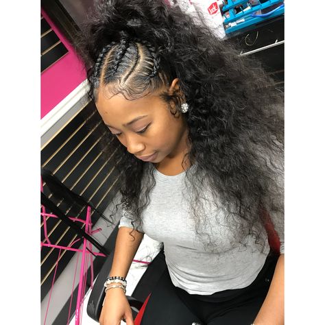 Halfup half down sewin with feedin braids https://instagram.com/p/BZjq-4XlfkY/ Half Braided Hairstyles, Tan Skin Blonde Hair, Weave Ponytail Hairstyles, Sew In Hairstyles, Vacation Hairstyles, Quick Weave Hairstyles, Braided Ponytail Hairstyles, Natural Hair Styles Easy, Braids With Weave