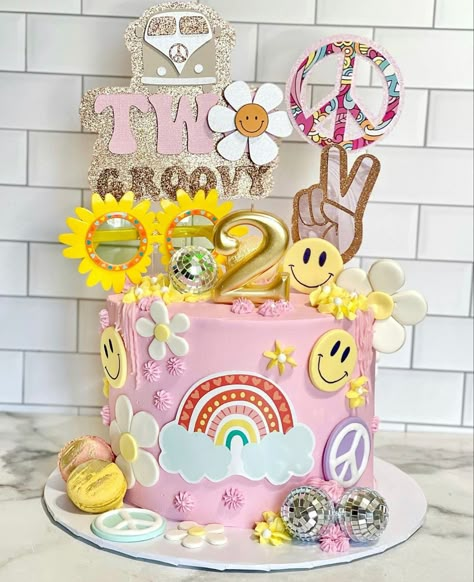 Diy Retro Birthday Decor, 2 Groovy Cake Ideas, Nine Is A Vibe Birthday Cake, Groovy Party Cake, Peace And Love Party Ideas, 6 Is A Vibe Birthday Party, Groovy Sheet Cake Ideas, 5 Is A Vibe Birthday Party Cake, Birthday Theme For 10 Year Girl