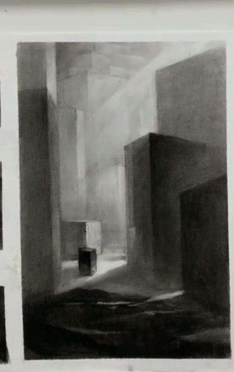 Charcoal Art Aesthetic, Charcoal Architecture Drawing, Atmospheric Perspective Drawing, Dark Room Drawing, Chiaroscuro Drawing, Charcoal Architecture, Lighting Drawing, Abstract Charcoal Art, Dark Architecture