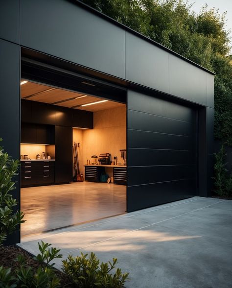 Matte Black Nation 🏴 | Matte Black Garage 🖤🖤🖤 | Instagram Japanese Garage Design, Black Garage Exterior, Garage House Interior, All Black Garage, Dream Garage Luxury, Black Garage Gym, Garage Design Exterior, All Black Modern House, Luxury Home Garage