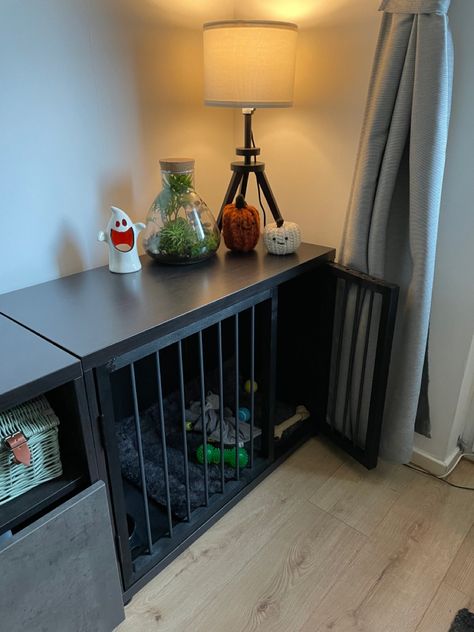 Kallax Dog Crate, Diy Dog Cage Indoor, Ikea Hacks Dog Crate, Diy Ikea Dog Crate, Ikea Dog Cabinet, Ikea Dog Crate Hack, Dog Cage Furniture Diy, Bookcase Dog Crate, Dog Toy Storage Ideas