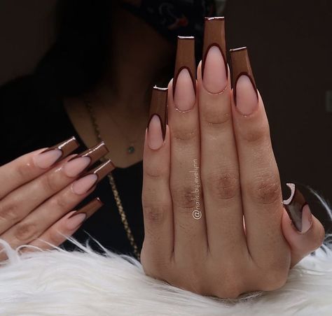 Brown French Tip Nails Square Long, Chocolate Brown Acrylic Nails Coffin, Clear Brown Nails Acrylic, Xl Brown Acrylic Nails, Neutral Brown Nails Acrylic Coffin Long, Coffin Nails Matte, Brown Acrylic Nails, Fantasy Nails, Swarovski Nails