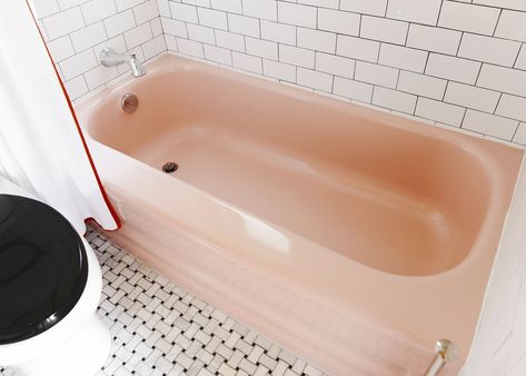 Our freshly reglazed vintage pink bathtub! | via Yellow Brick Home Tub Bathroom Ideas, Pink Bathtub, Reglaze Bathtub, Pink Tub, Pink Living Room Decor, Yellow Brick Home, Bathtub Decor, Tub Ideas, Pink Baths