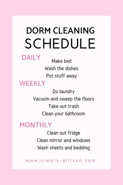 My dorm room felt so much cleaner after using the dorm room cleaning schedule. Here's the ultimate guide on how to keep your dorm clean and how to clean it. #dormroomcleaning #keepingdormclean #dormcleaningschedule Dorm Cleaning Checklist, Dorm Room Cleaning Schedule, After University Routine, How To Keep Home Clean, How To Keep My Room Clean, How To Keep Room Clean, Dorm Cleaning Schedule, 2025 Reset, How To Organize Your Room