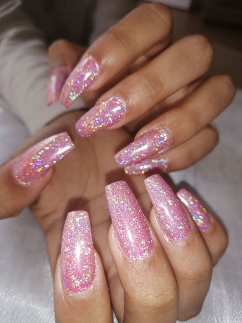 Glittery Acrylic Nails, Pink Sparkle Nails, Pink Sparkly Nails, Holographic Glitter Nails, Hoco Nails, Glitter Nails Acrylic, Pink Glitter Nails, Glittery Nails, Unique Acrylic Nails