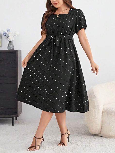 SHEIN Plus Polka Dot Print Puff Sleeve Belted Dress | SHEIN USA Fashion Designer Aesthetics, Check Outfit, Midi Dress Outfit, Marine Uniform, Vestido Plus Size, Trending Fashion Outfits, Style Aesthetic, Dress Plus Size, Polka Dot Print