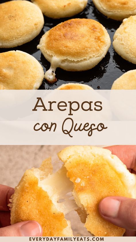 Arepas con queso are corn cakes stuffed plump with cheese and either pan-seared or griddled. They're a staple in many Latina American cultures but this recipe is for a Colombian-style arepa. Mexican Arepas Recipe, Corn Arepas Recipe, Healthy Arepas Recipe, Fresh Corn Arepas, Puerto Rican Arepas, Stuffed Arepas Recipe, Easy Arepas Recipe, Arepa Con Queso Recipe, Arepas Recipe Puerto Rican