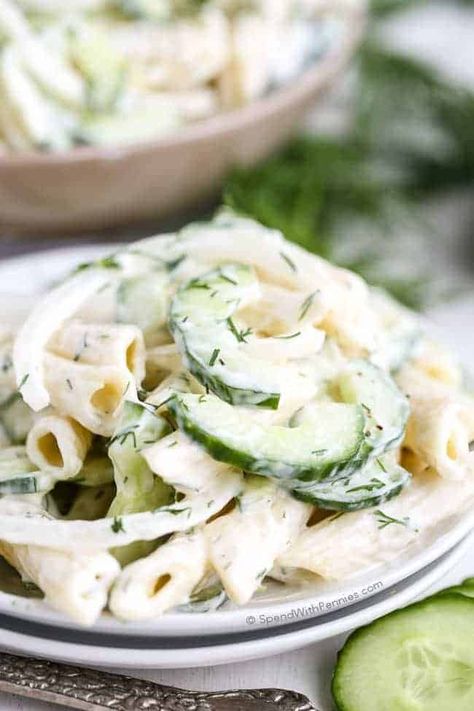 Summer Pasta Salad Recipes Easy, Cucumber Pasta, Cucumber Pasta Salad, Summer Pasta Salad Recipes, Pasta Lunch, Creamy Pasta Salads, Potluck Side Dishes, Cold Pasta Salad Recipes, Cucumber Dill