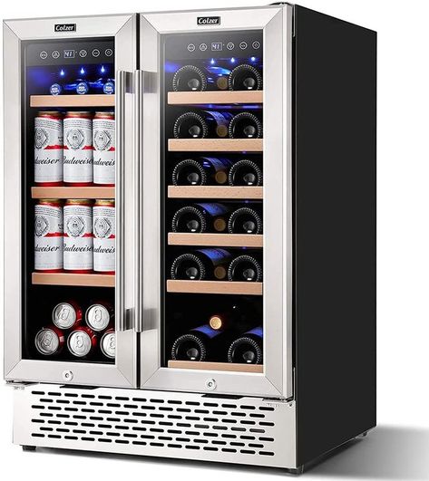 Colzer 24 inch Wine and Beverage Refrigerator Dual Zone Wine Cooler Under Counter Lockable 18 Bottles and 57 Cans Beverage Fridge Center Built in Freestanding with Glass Door for Beer Soda Drink Bar Kitchen Cabinet Commercial Wine And Beer Fridge, Cool Mini Fridge, Refrigerator Cooler, Wine Coolers Drinks, Beverage Fridge, Beer Fridge, Soda Drink, Beverage Refrigerator, Freestanding Fridge