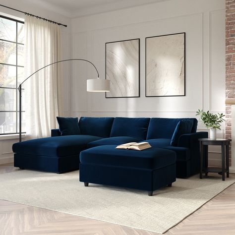 Blue Velvet Sofa Living Room, Navy Sofa Living Room, Blue Corner Sofas, Dark Blue Sofa, Luxury Dorm Room, Sofa And Love Seat, Navy Living Room, Beautiful Dorm Room, Blue Couch Living