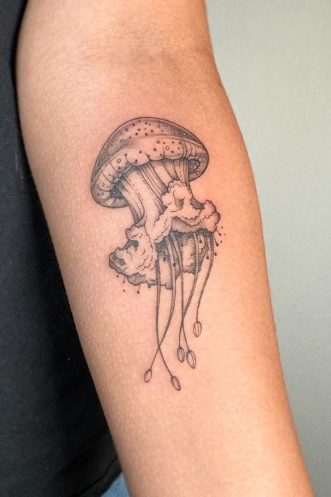 Beautiful white-spotted jellyfish tattoo. White Spotted Jellyfish, Spotted Jellyfish, Fineline Tattoo, Jellyfish Tattoo, Choosing Me, Fennec Fox, Sunflower Tattoo, White Tattoo, Foot Tattoos