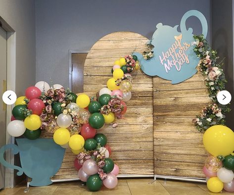 Tea Party Balloon Backdrop, Tea Party Photo Booth Backdrops, Tea Party Backdrop Ideas Diy, Mother’s Day Party Themes, Tea Party Balloon Decorations, Rainbow Tea Party Church Decorations, Tea Party Baby Shower Backdrop, Tea Party Balloon Garland, Tea Party Balloon Arch