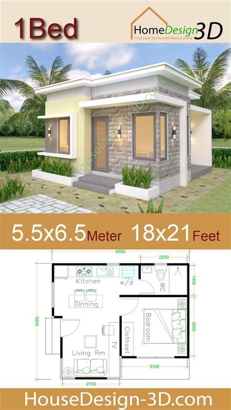 House Design Plans 5.5x6.5 With One Bedroom Flat Roof House Plans 3d, Gable Roof House, One Bedroom House, Flat Roof House, 1 Bedroom House, 3d House Plans, Small House Layout, Modern Small House Design, House Design Pictures