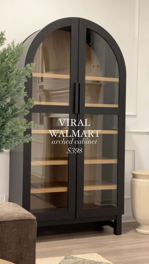 Instagram Black Cabinets With Glass Doors, Arched Cabinet Dining Room, Black Cabinet Living Room, Arched Cabinet Living Room, Credenza Styling, Arched Cabinet, Organic Home Decor, Cabinet With Glass Doors, Cabinet Living Room