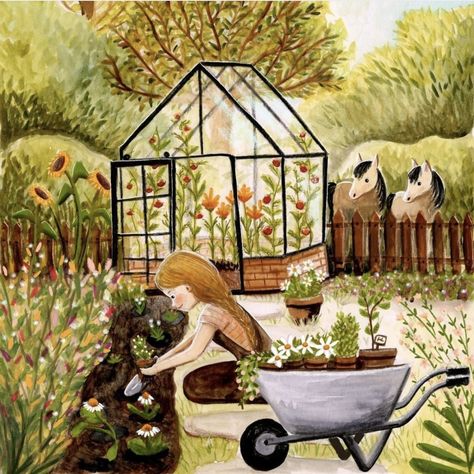 Artist: Esther Bennink Summer Garden Illustration, Gardener Painting, Garden Illustration Art, Greenhouse Art, Spring Horse, Storybook Art, Garden Illustration, Garden Drawing, Whimsical Paintings