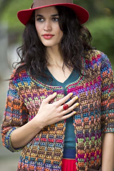 Free Crochet Pattern L32045 Colorfully Modern Cardigan : Lion Brand Yarn Company Modern Cardigan, Gilet Crochet, Crochet Bolero, Crochet Shrug, Crochet Coat, Crochet Jacket, Crochet Cardigan Pattern, Crochet Woman, Crochet Poncho