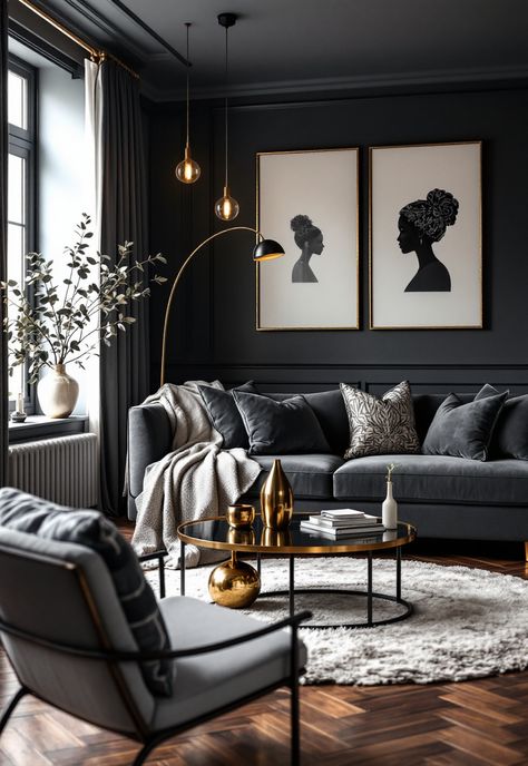 Dark Grey Couch Living Room Grey Living Room Black Sofa, Grey Gold And Black Living Room Ideas, Charcoal Leather Couch Living Room, Living Room Designs Dark Grey Couch, Dark Couches Living Room Decor, Living Room Dark Grey Couch, Dark Gray Living Room Ideas, Charcoal Couch Living Room, Charcoal Sofa Living Room