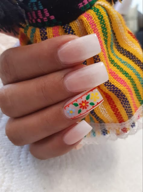 Mexican Style Nails French Tip, Mexican Manicure, Fiesta Theme Nails Acrylic, Mexico Flag Nails Designs, Nails For Trip To Mexico, Cielito Lindo Nails, Nail Mexican Design, Mexican Style Nails Almond, Fiesta Theme Nails Mexican