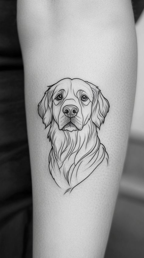 22 Golden Retriever Tattoo Ideas - Smart Dog Learning Golden Retriever Outline Drawing, Fine Line Labrador Tattoo, Dog Face Outline Tattoo, Golden Retriever Outline, Pet Portrait Tattoos, Golden Retriever Tattoo, Pet Tattoo Ideas, Retriever Tattoo, Animal Tattoos For Women